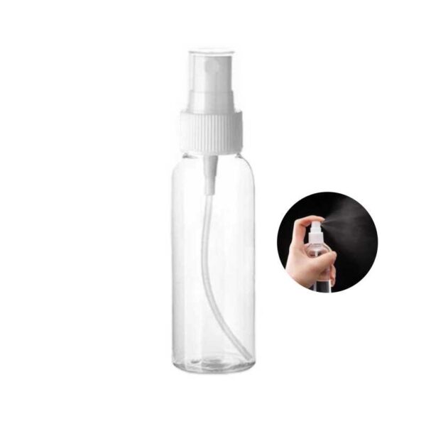 botella spray 60 ml plástico traslucido y tapa blanca merchandising