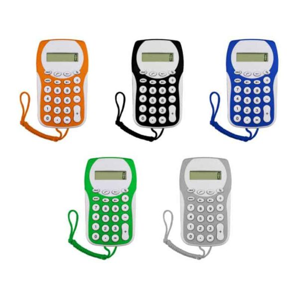 calculadora colgante plástico y pita naranja gris negro verde y azul merchandising