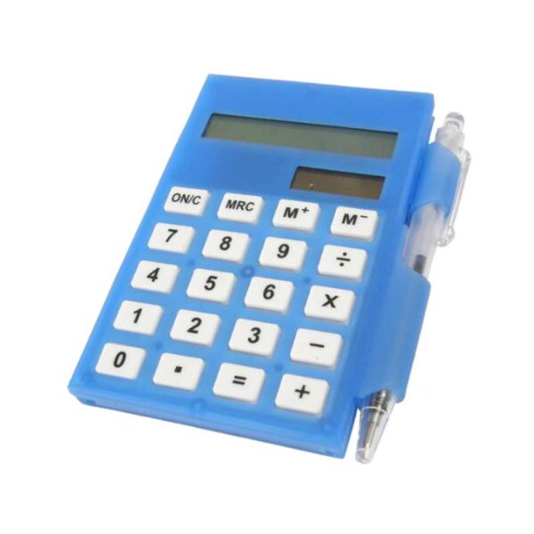 calculadora toma notas con lapicero plástico azul merchandising