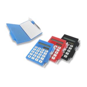 calculadora toma notas con lapicero plástico azul rojo y negro merchandising