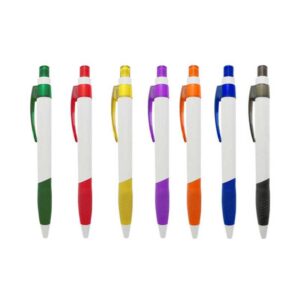 lapicero plástico cuerpo blanco clip y goma verde rojo amarillo morado naranja azul y negro merchandising