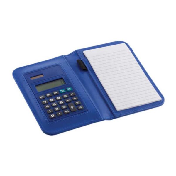 libreta con calculadora en estuche azul merchandising