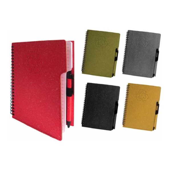 libreta ecológica y lapicero rojo negro verde gris y natural merchandising