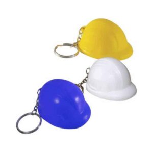 llavero casco antiestrés amarillo blanco y azul merchandising