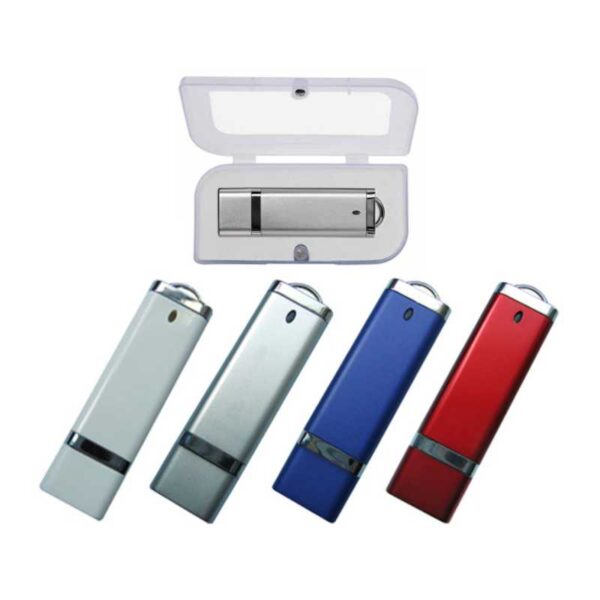 memoria usb plástico blanco plateado azul y rojo merchandising