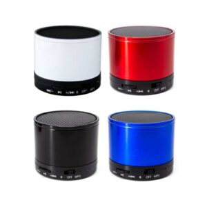 mini parlante bluetooth blanco negro rojo y azul merchandising