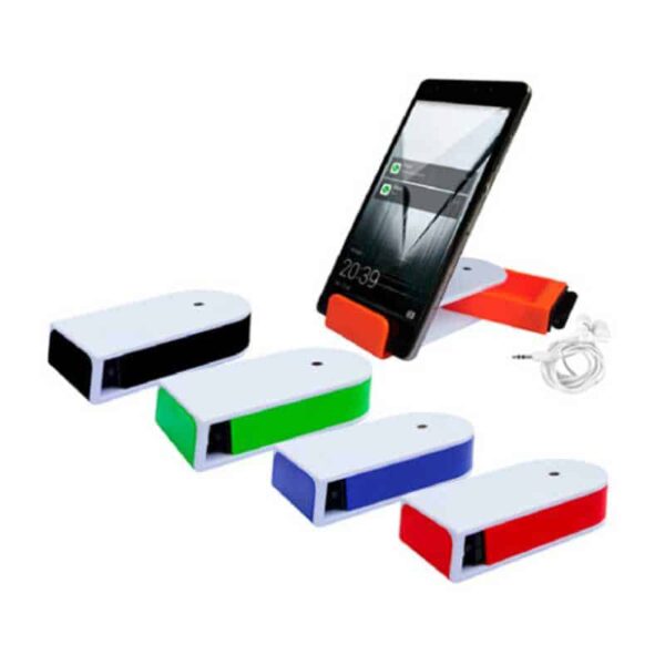 porta celular con audífonos negro verde azul rojo y naranja merchandising