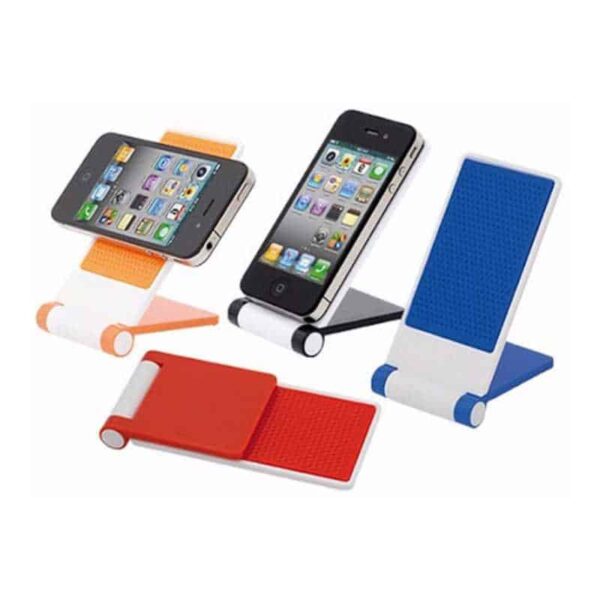 porta celular plástico naranja rojo azul y negro merchandising