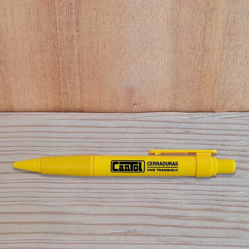 lapicero plástico amarillo con logotipo cantol merchandising