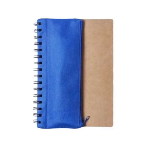 libreta con cartuchera ecológica color azul y tapa de cartón merchandising