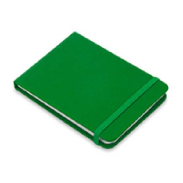 libreta vertical color verde y banda elástica merchandising