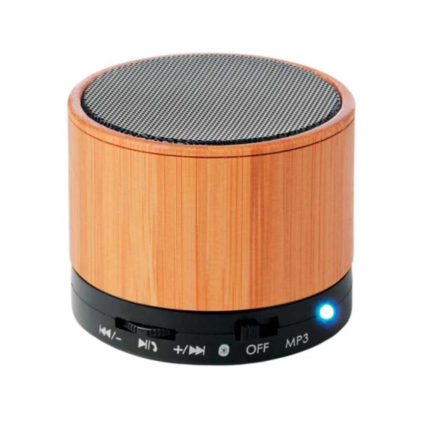 parlante bluetooth de madera bambú color natural merchandising