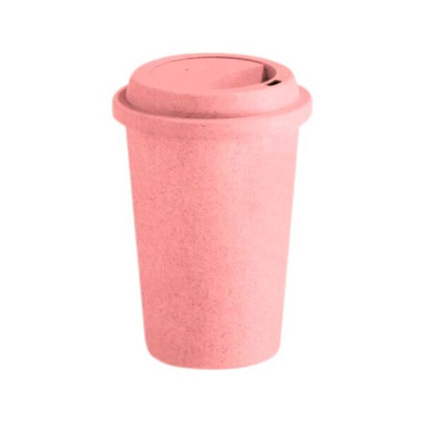 jarro mug fibra de trigo color rosado y tapa rosca merchandising