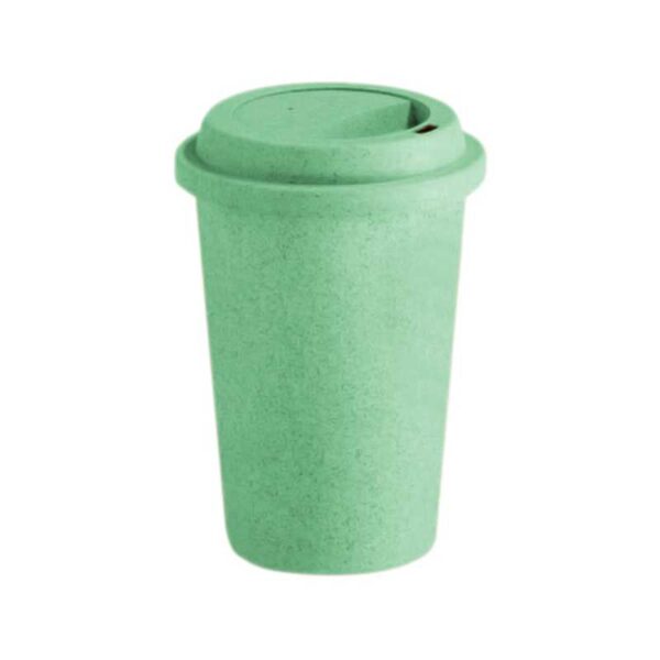 jarro mug fibra de trigo color verde y tapa rosca merchandising