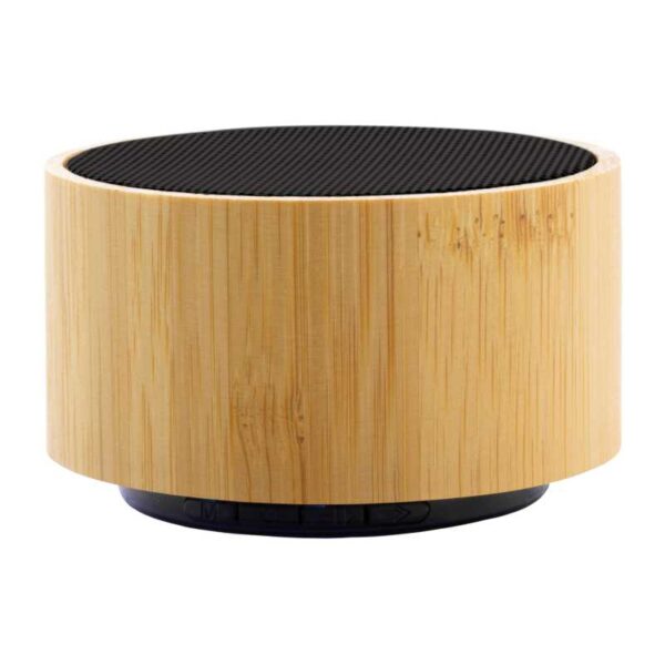 parlante bluetooth recubierto de madera bambú color natural merchandising