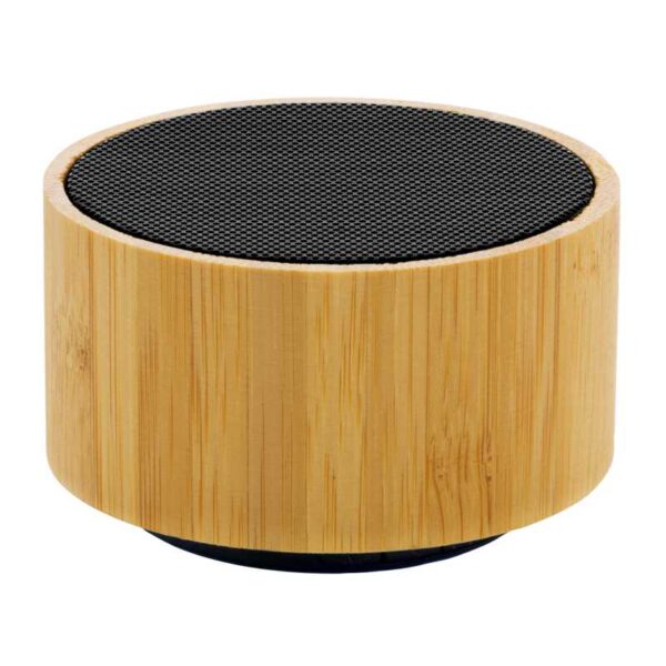 parlante bluetooth recubierto de madera bambú color natural merchandising