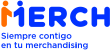 Logotipo Merch Perú merchandising para empresas color azul y anaranjado en fondo blanco